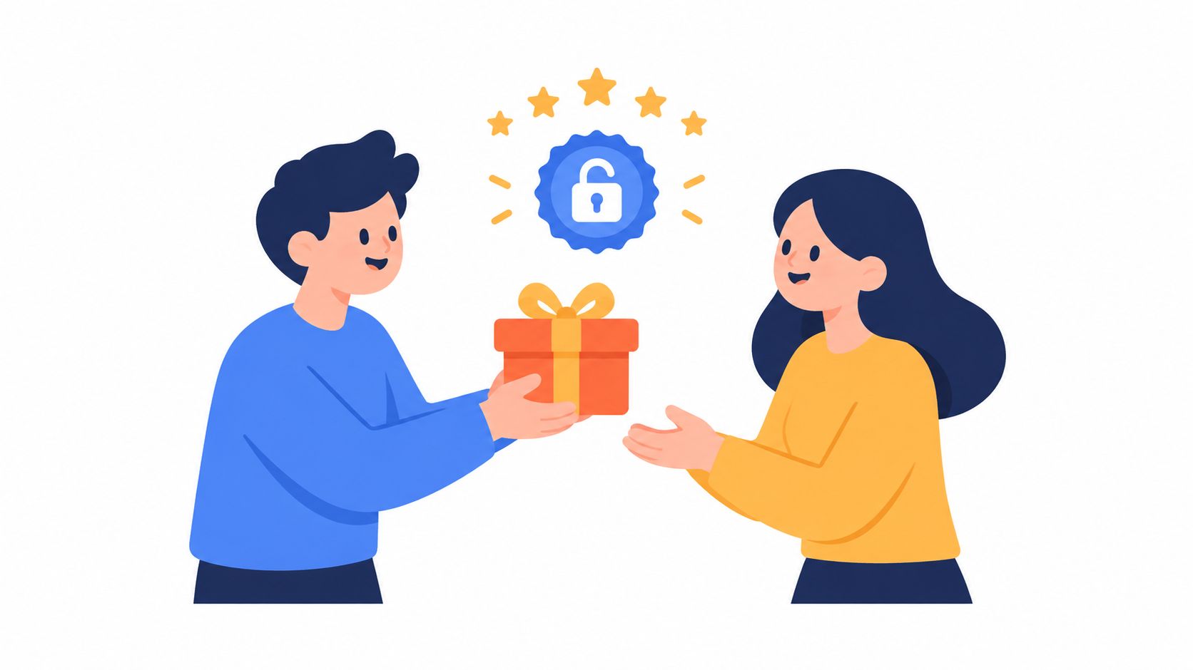 Una ilustración de un hombre entregando un regalo a una mujer bajo cinco estrellas y candado abierto.