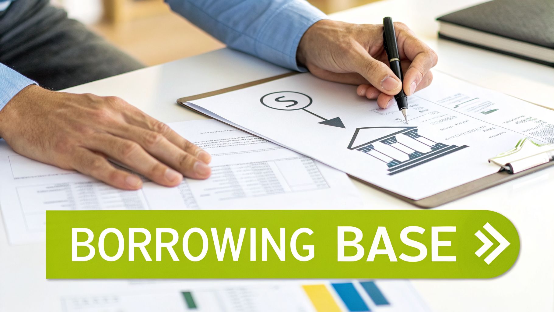Person signs loan documents with a pen, featuring financial illustrations and 'BORROWING BASE' banner.