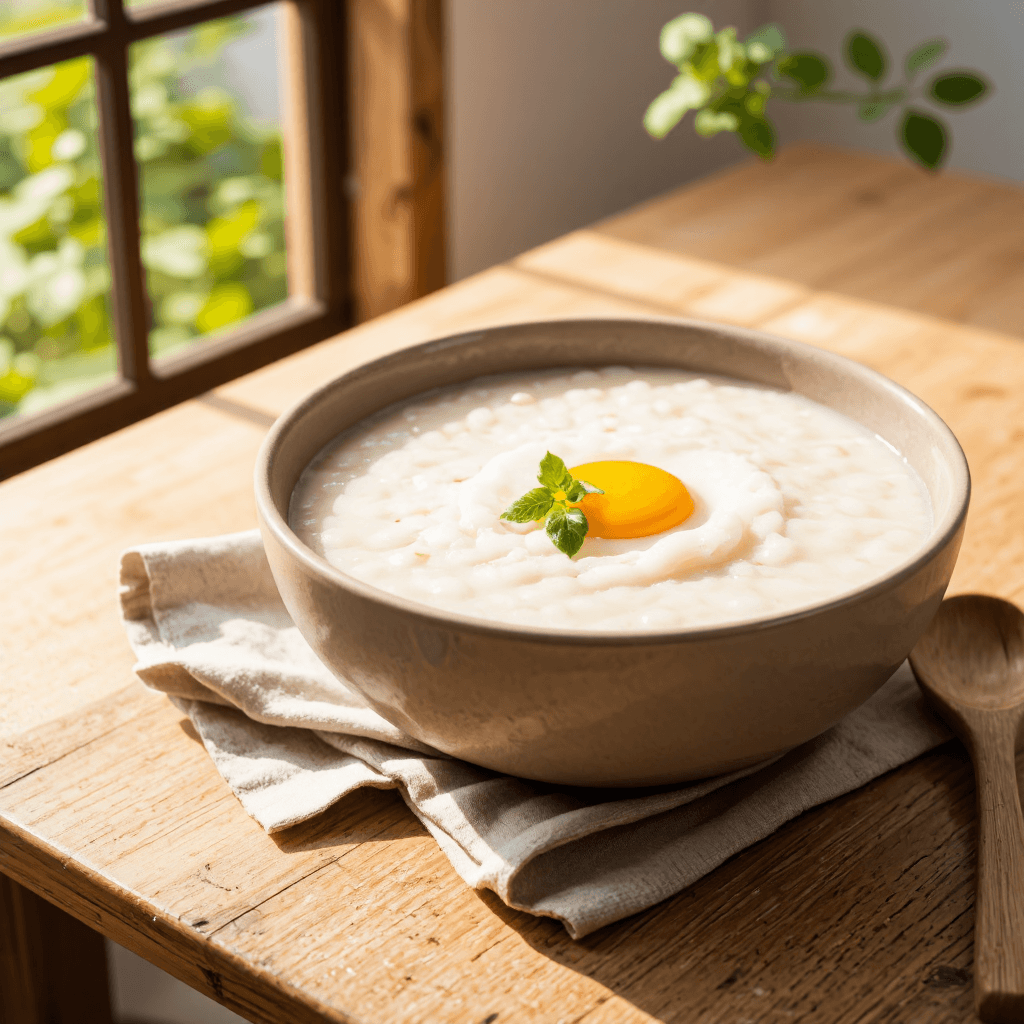 product photography of bowl of creamy rice porridge with egg and vegetables