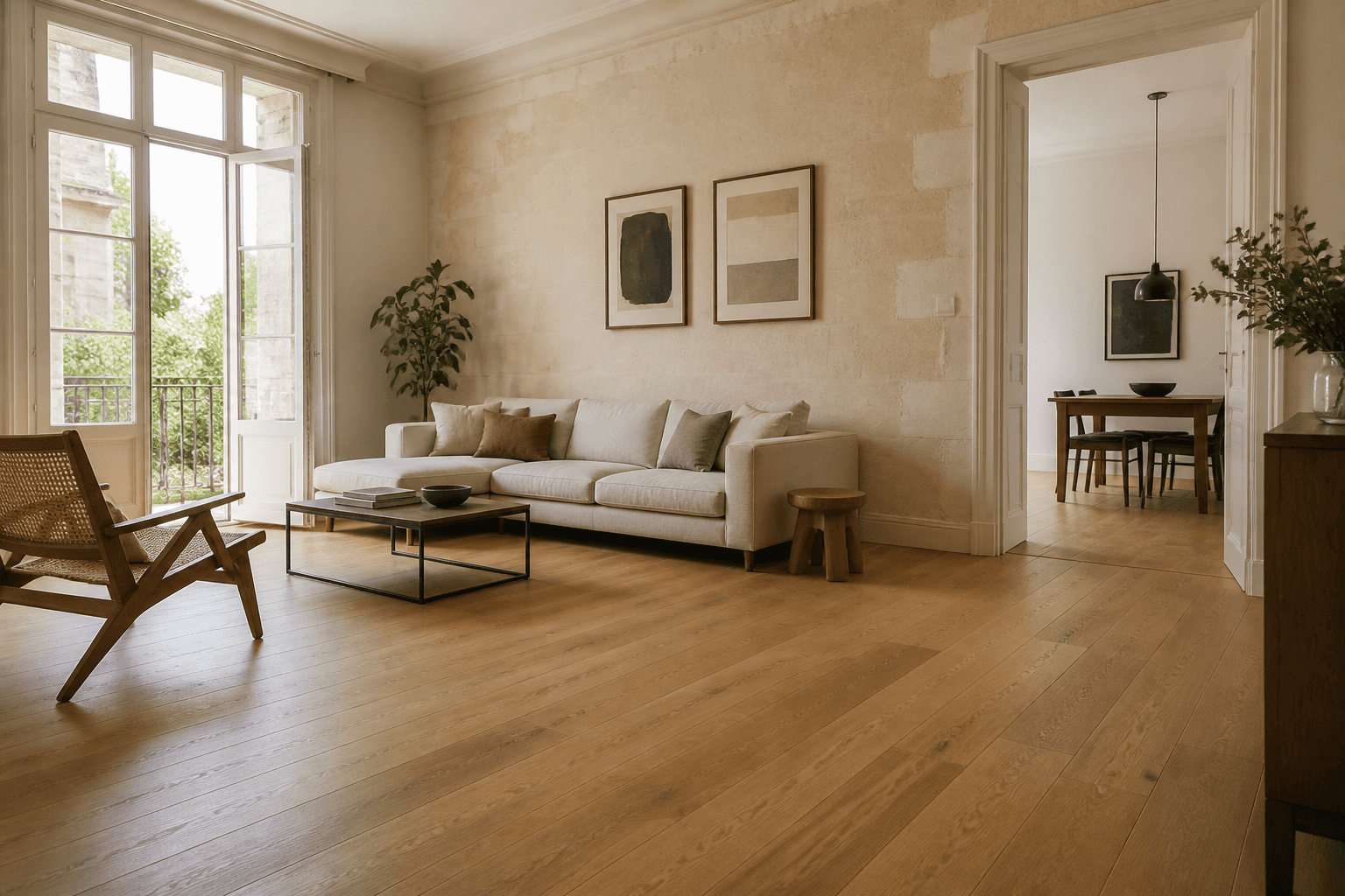 Parquet en chêne terminé dans un intérieur bordelais après validation du support OSB