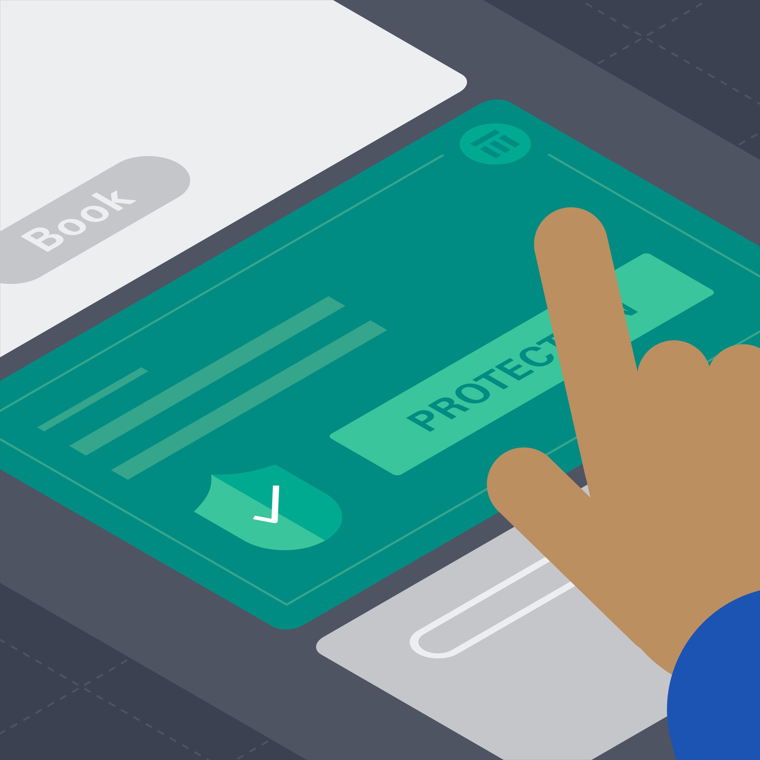 Simple isometric illustration of hand over a isometric view of a display and the hand is about to tap a button.
