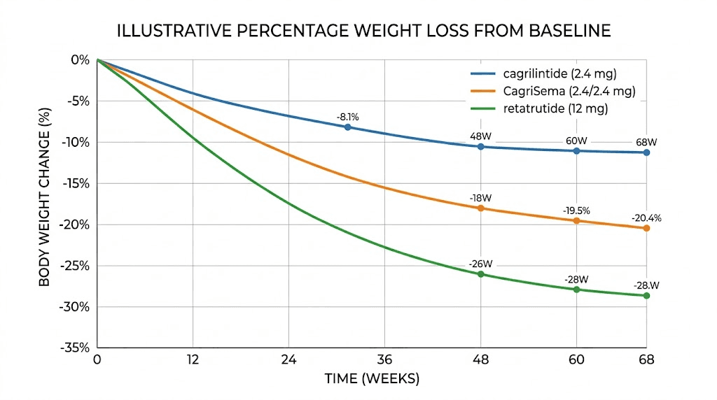 Weight loss timeline comparison cagrilintide CagriSema retatrutide over weeks