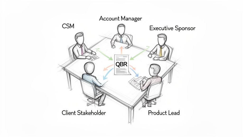 Five business professionals (CSM, Account Manager, Executive Sponsor, Product Lead, Client Stakeholder) engage in a QBR meeting.