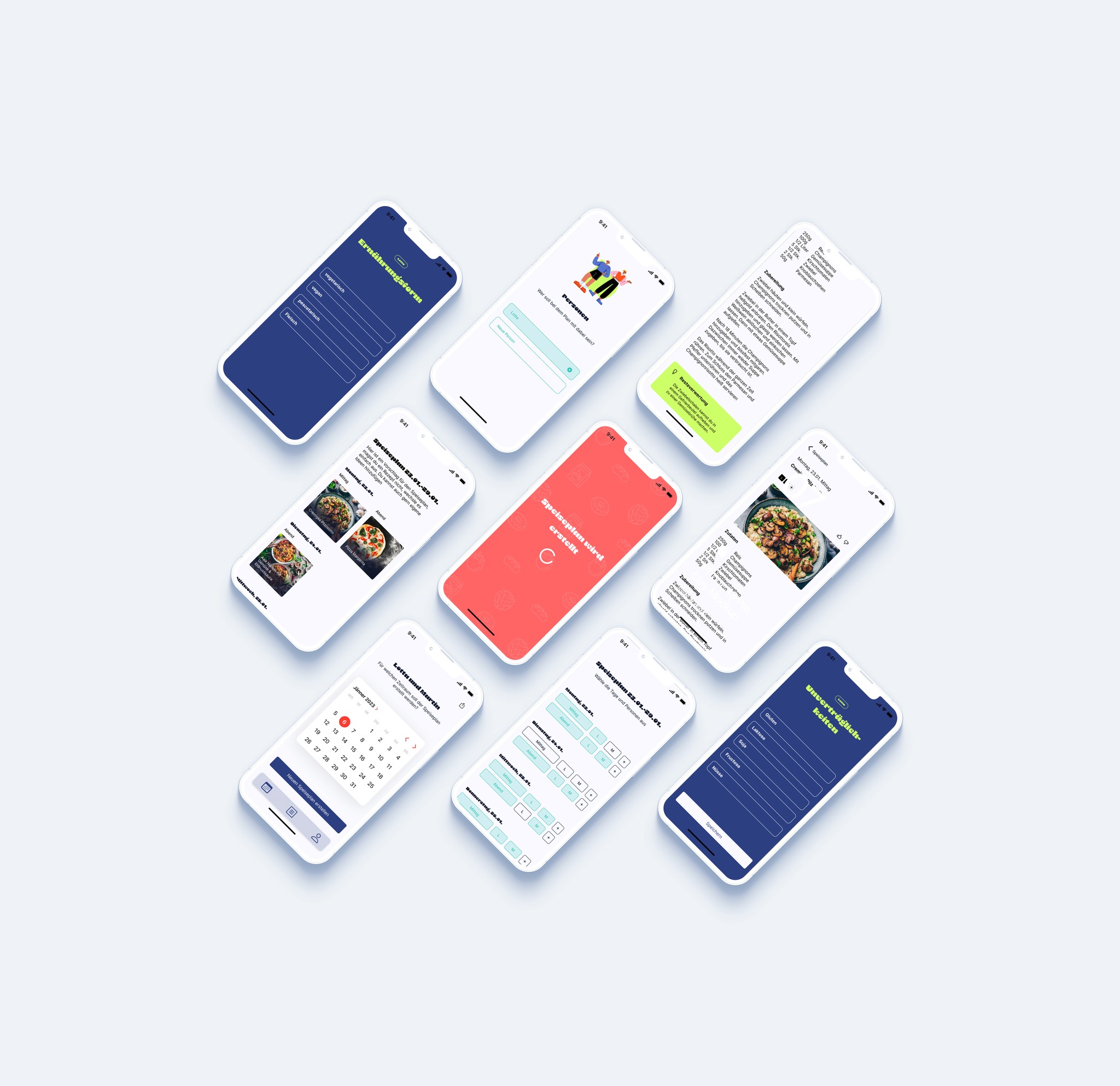 9 mockups showing the screens of the app