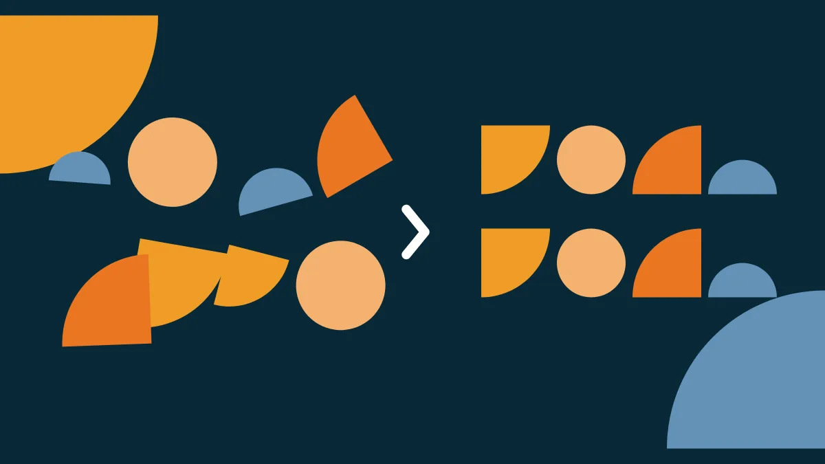 Ilustração em fundo azul-marinho: à esquerda, formas geométricas laranja, pêssego e azuis espalhadas; após uma seta, as mesmas formas aparecem organizadas em duas fileiras iguais.
