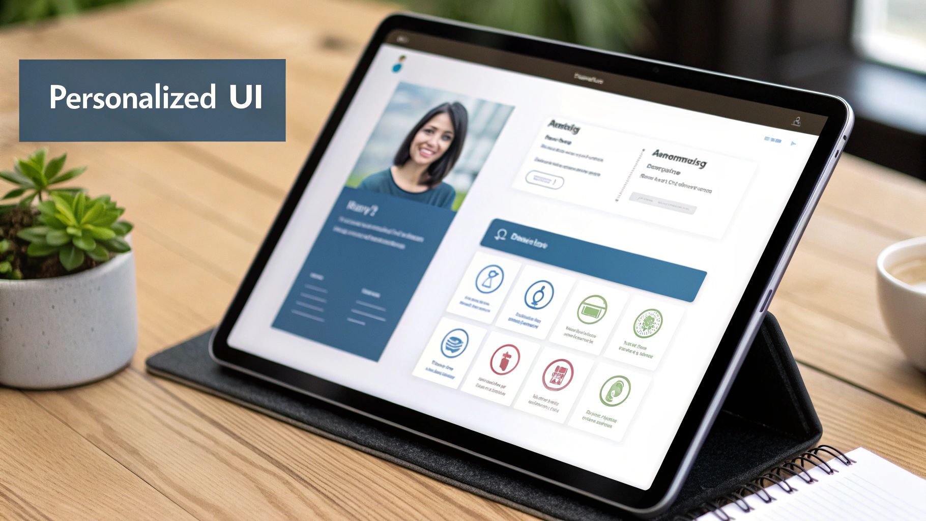 A tablet on a wooden desk displaying a personalized user interface with a profile picture and app icons, highlighting UX design.
