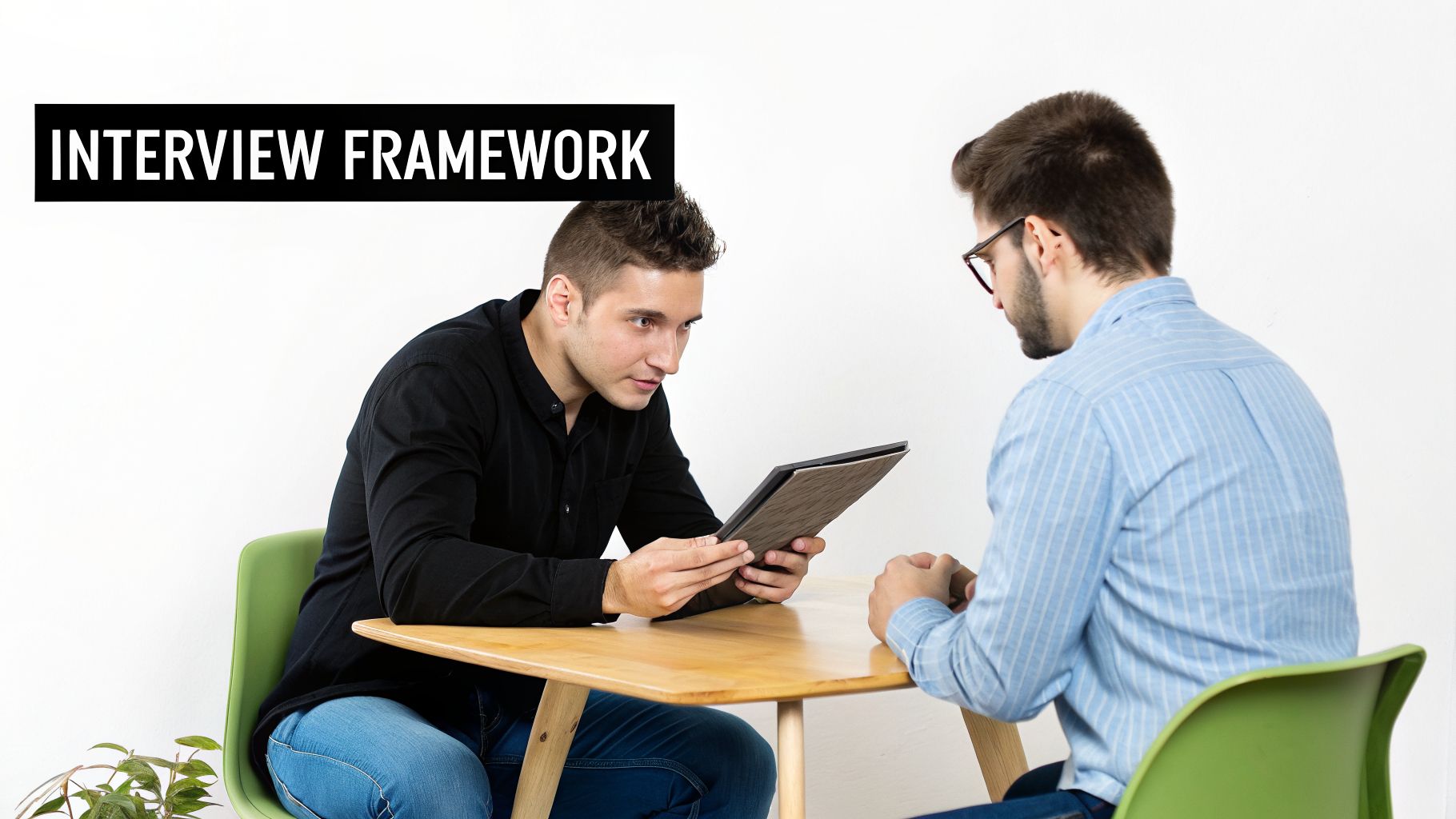 Two men sit at a table in an interview, one holding a tablet, with 'Interview Framework' text.