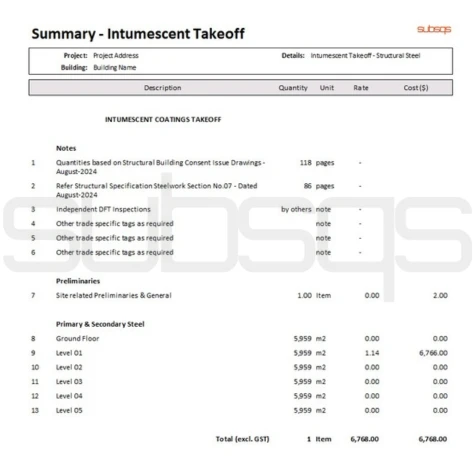 screenshot of final PDF copy report for intumescent coatings takeoff showing summary level page by SubsQS Ltd