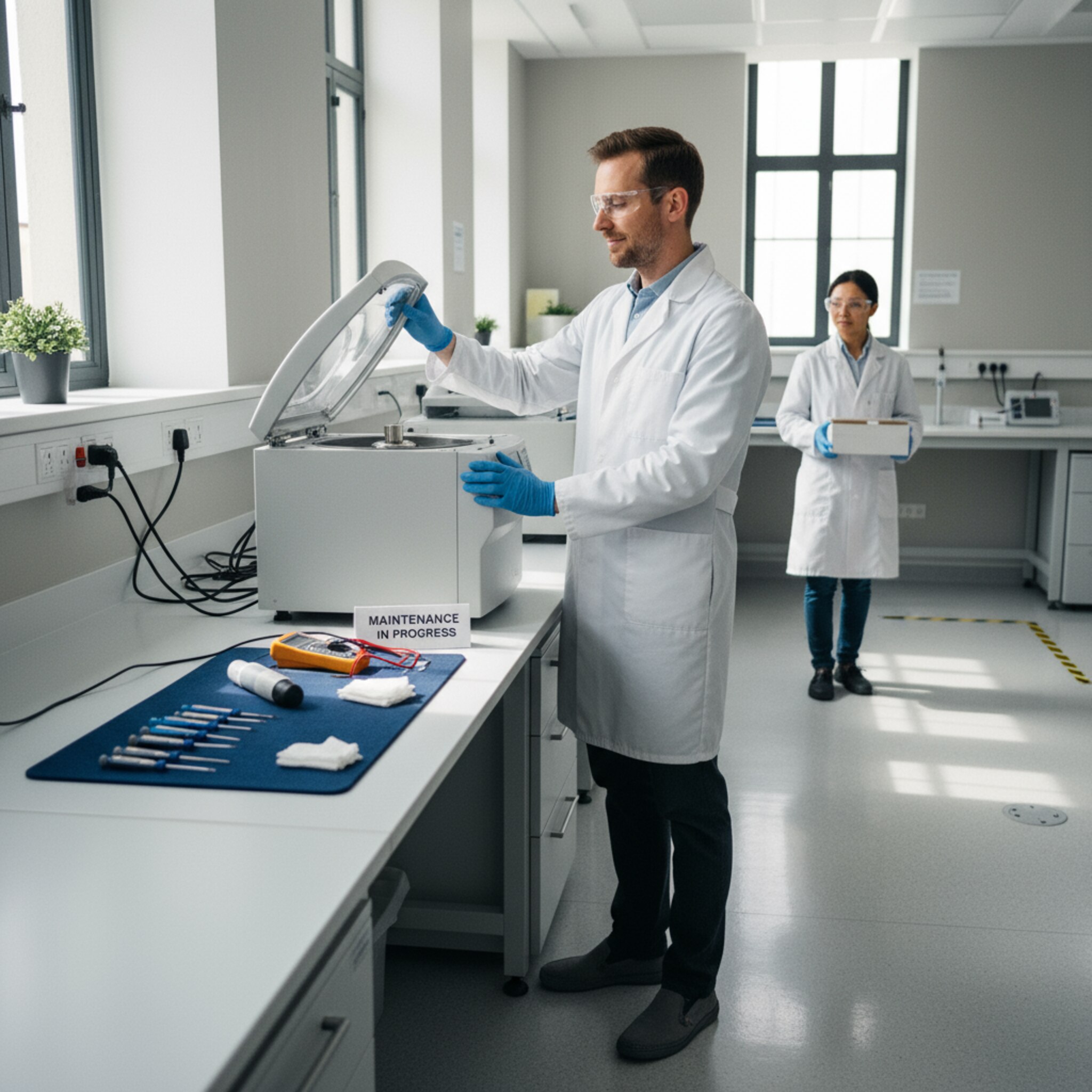 Ein Servicetechniker öffnet die Abdeckung eines Zentrifugenraums und legt Werkzeuge sorgfältig bereit. Ein kleines Schild signalisiert Wartung. Ein Kollege wartet geduldig in Sichtweite mit Probenbox. Die Szene vermittelt planbare Auszeiten ohne Betriebsstau.