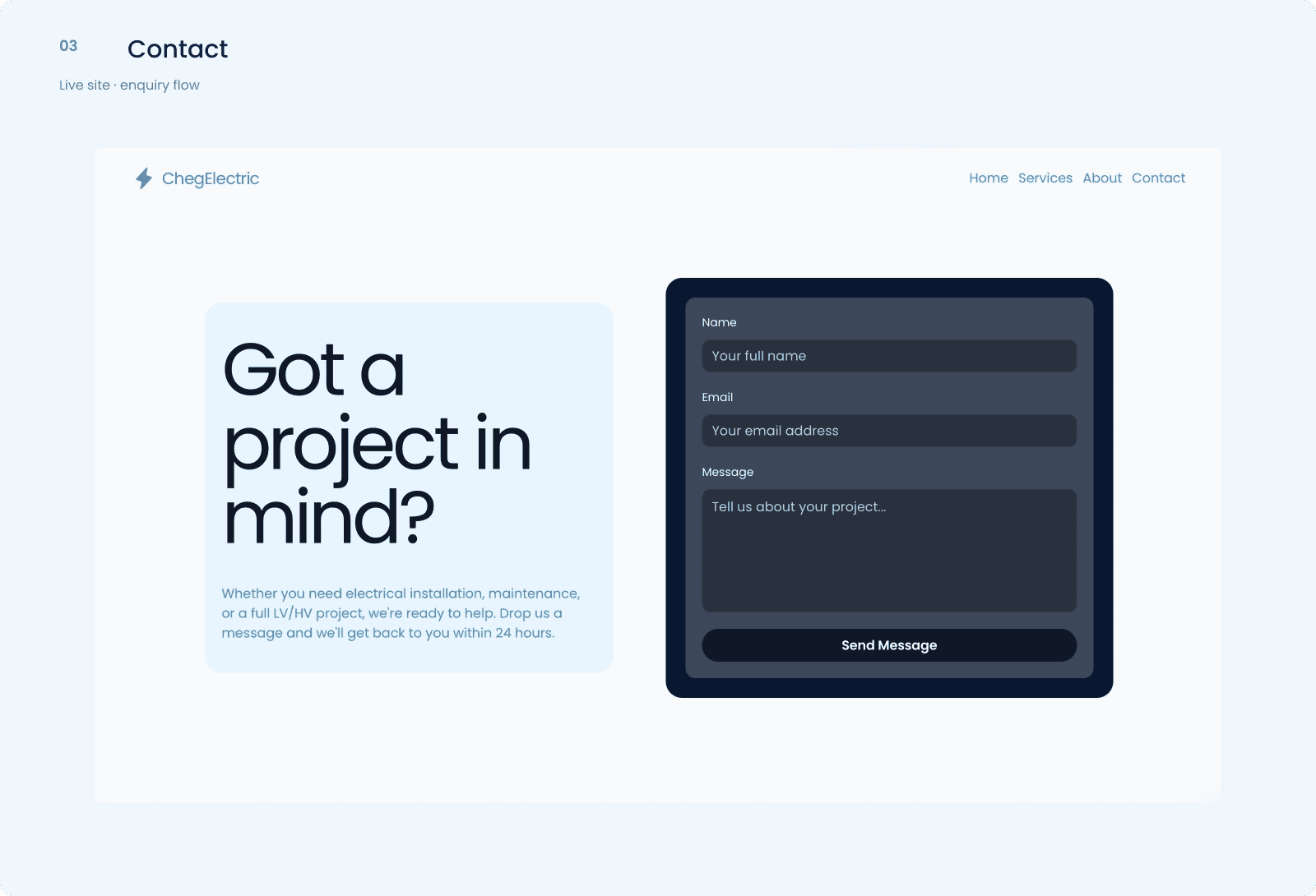 Live ChegElectric contact page showing the project invitation and enquiry form
