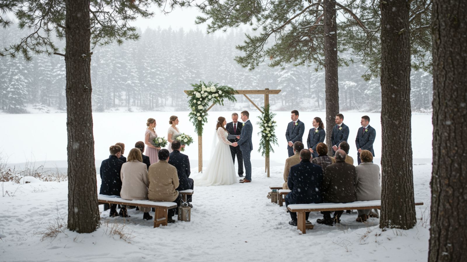 A couple exchanging vows outdoors during a snowy winter wedding in Muskoka, surrounded by snow-covered trees and white décor.