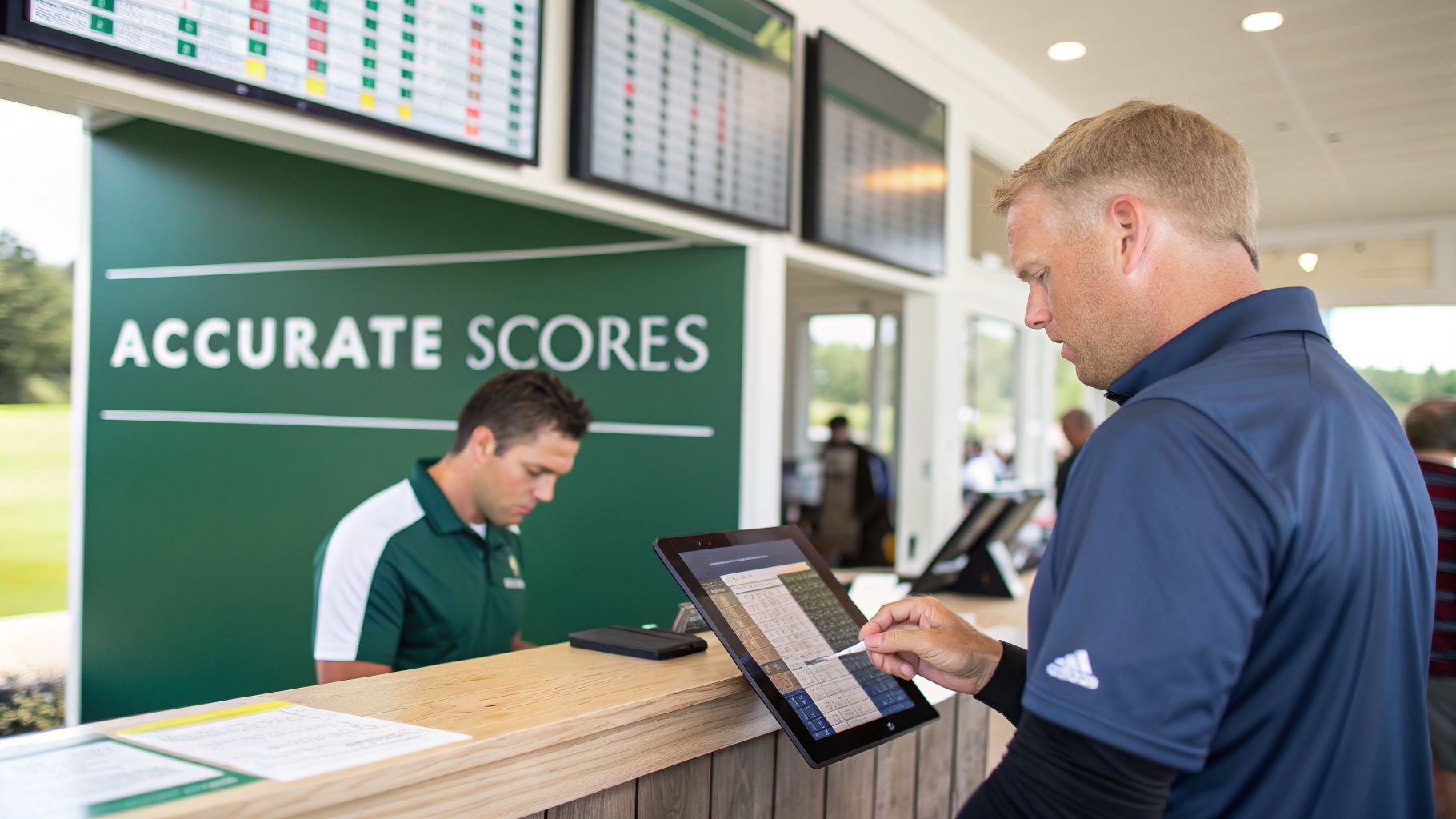 Man uses a digital tablet and stylus to accurately post golf scores at a scoring station.