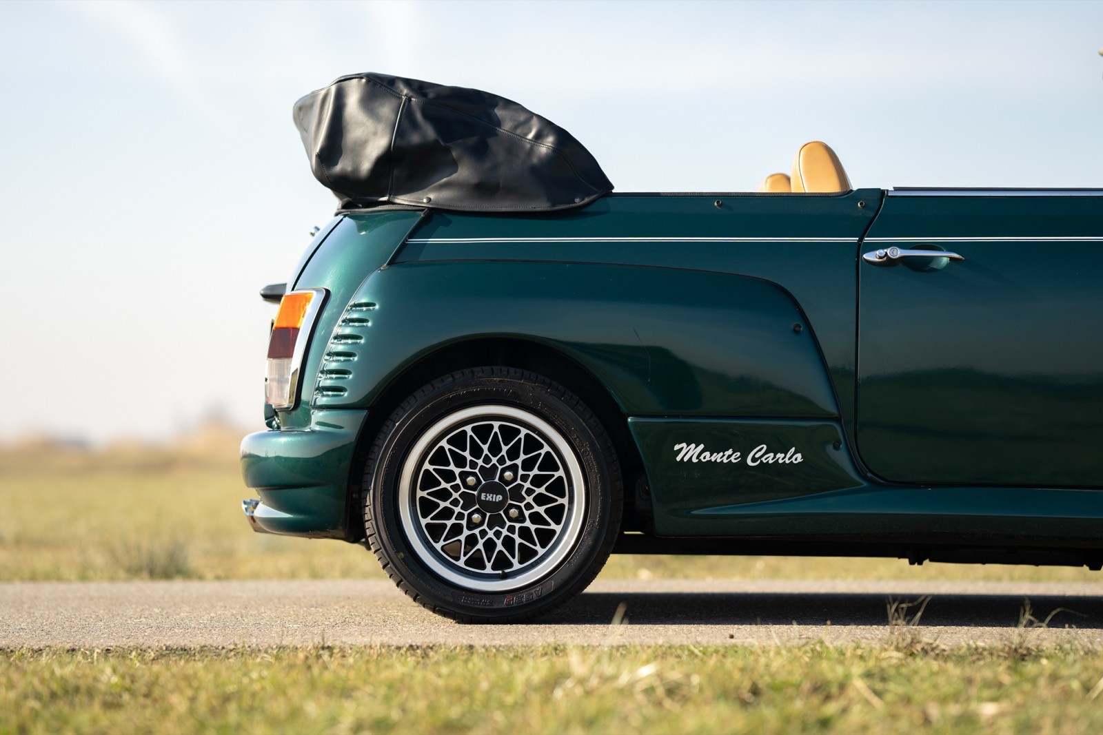 A dog sits atop a convertible car with its head out, enjoying a sunny day on a grassy road.