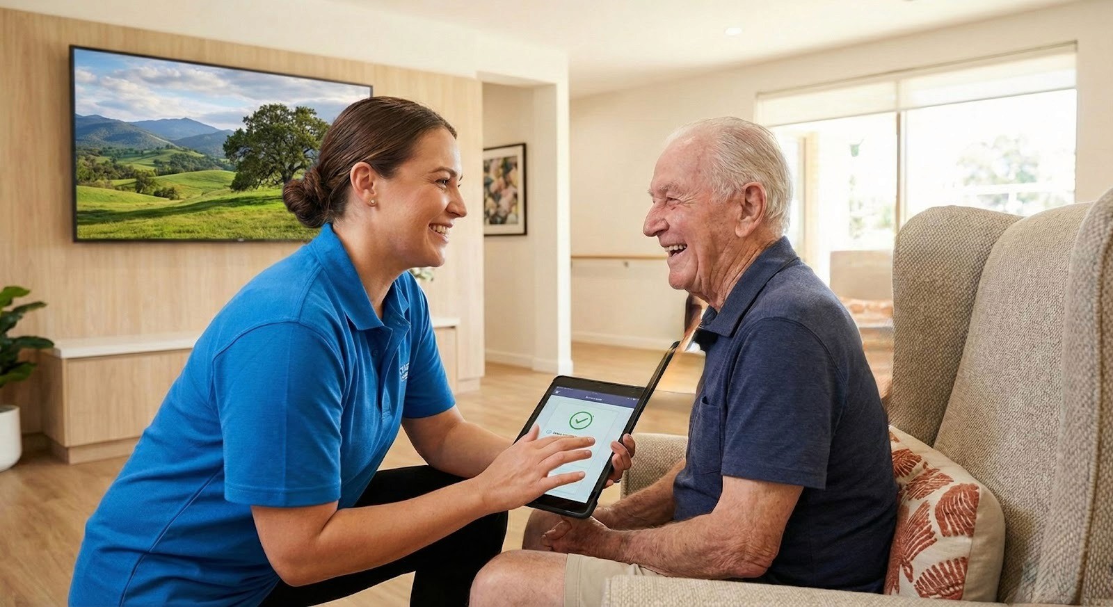 Friendly staff member showing a completed safety check on a tablet to a smiling senior resident, highlighting how facility management software supports aged care Standard 5