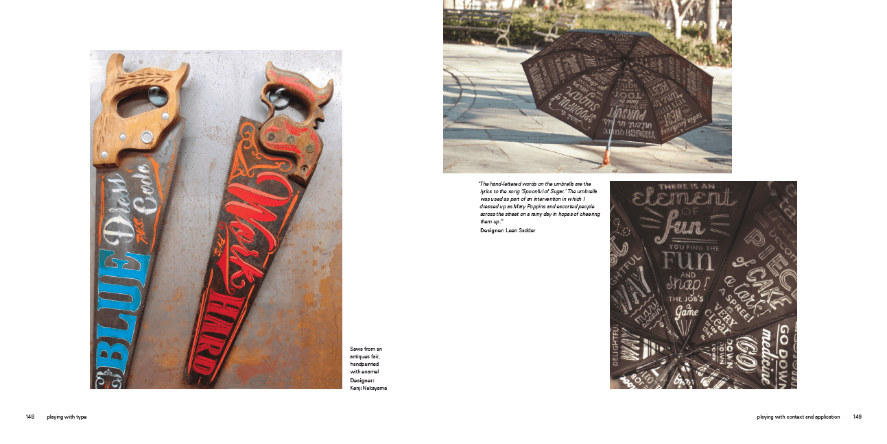 A sample of painted hand saws and umbrellas with words written in them.