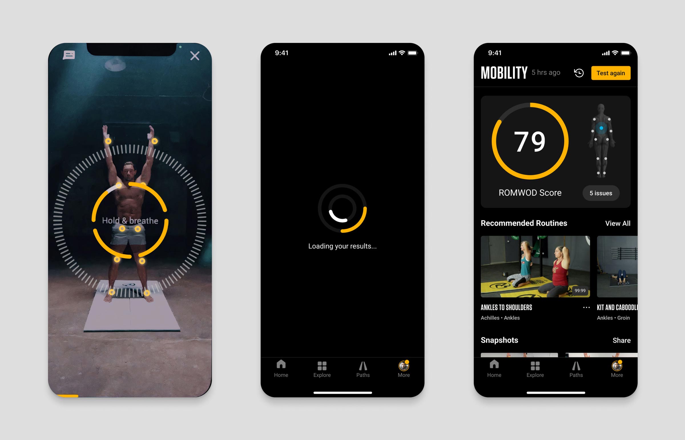 Pliability's Mobility Test takes only 3 minutes to complete, after which an animated loader augmented by sound effects builds anticipation in advance of discovering test results.