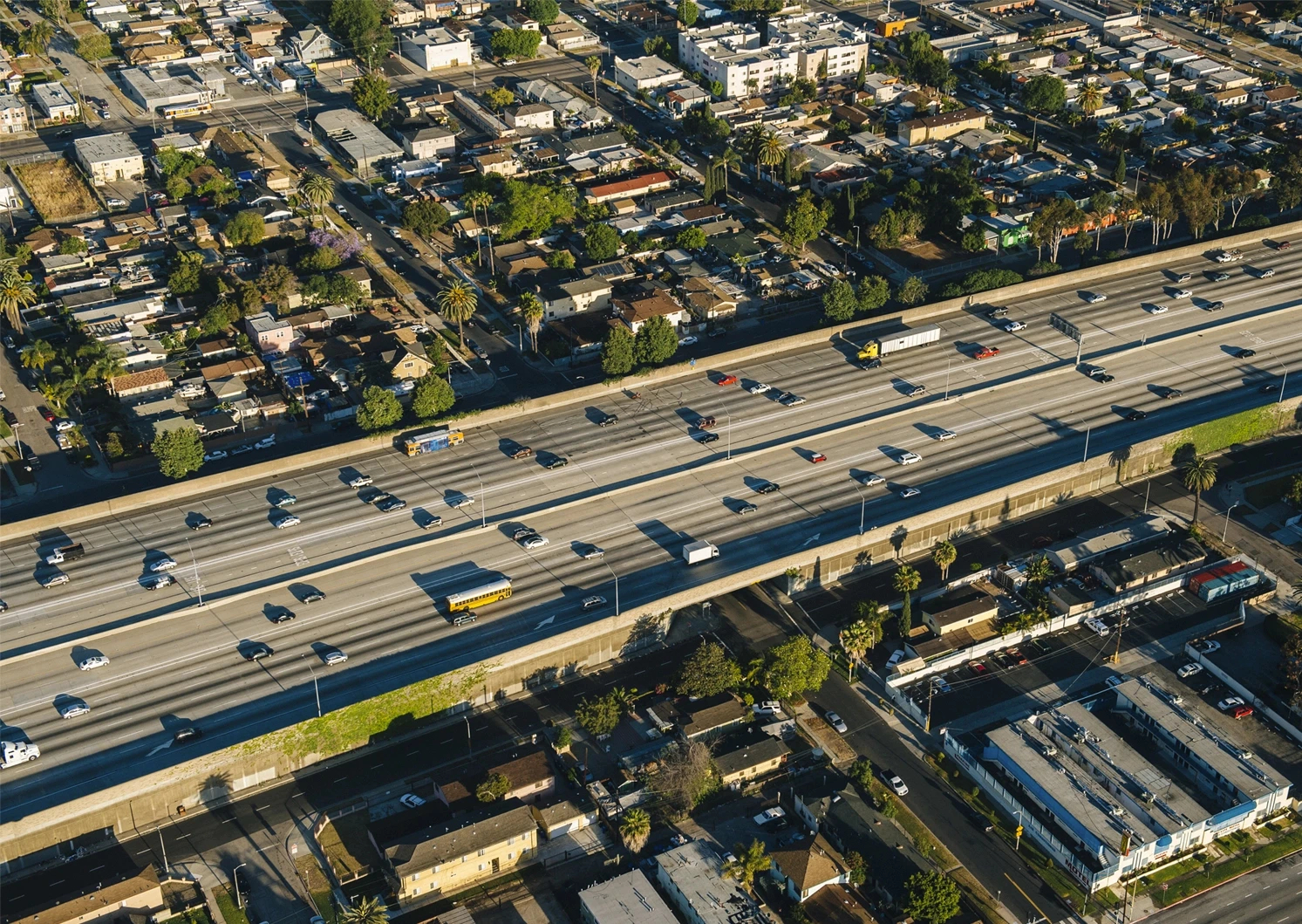 Aerial photo of vehicles on a busy highway in Stockton, illustrating car accident cases