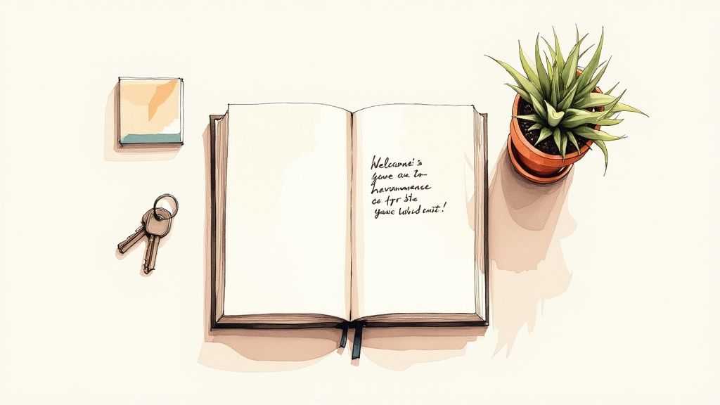 A person writing in a guest book on a wooden table.