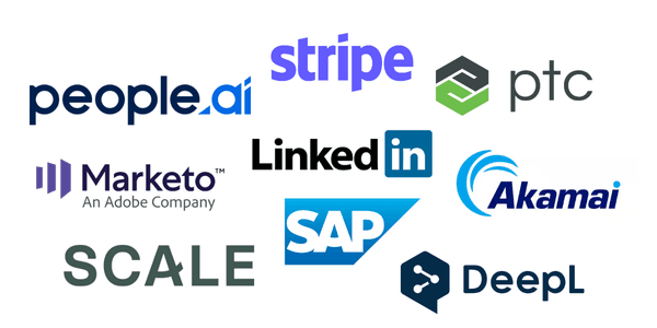 B2B content writing clients: Akamai, Stripe, LinkedIn, SAP, Marketo, PTC, DeepL, Scale VP, and People.ai logos
