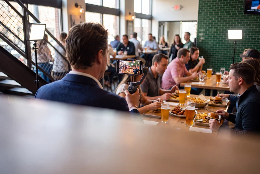 A long communal table set with glasses in a brick-walled restaurant