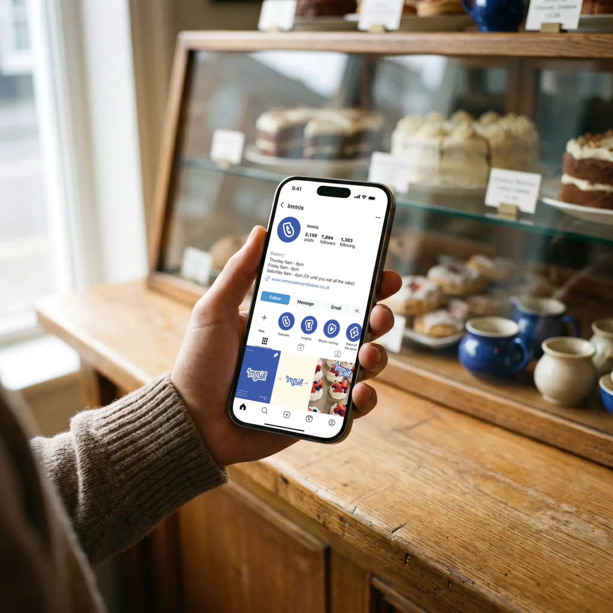 Hand holding a phone showing the Immis Instagram profile in front of a cake counter
