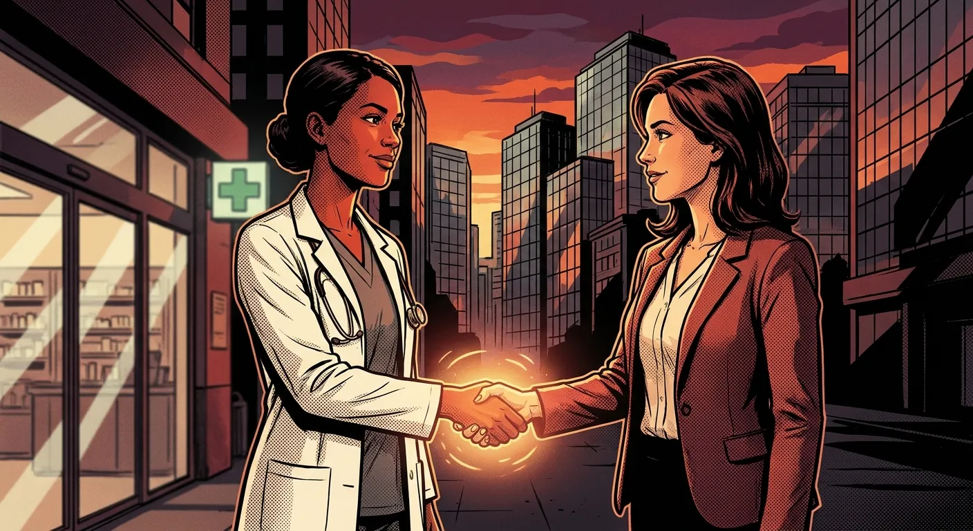 Two professionals shake hands at sunset; partnership in digital marketing.