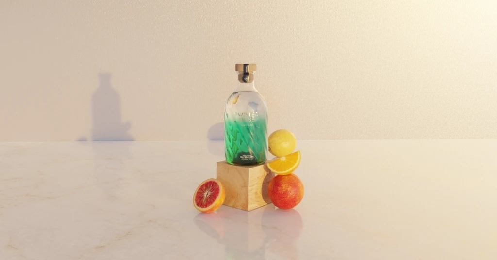 GIF of green gin bottle with swapping accessories: coconut, ice, plant, glass, rose, etc.