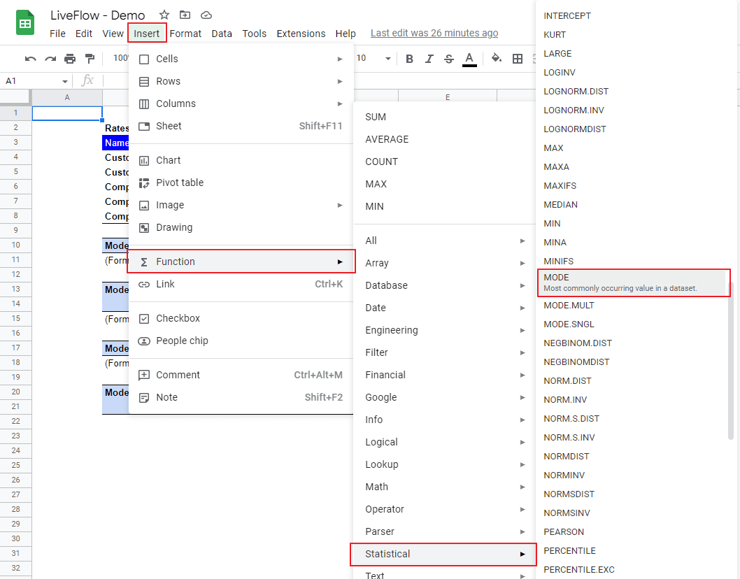 insert the MODE function in Google Sheets