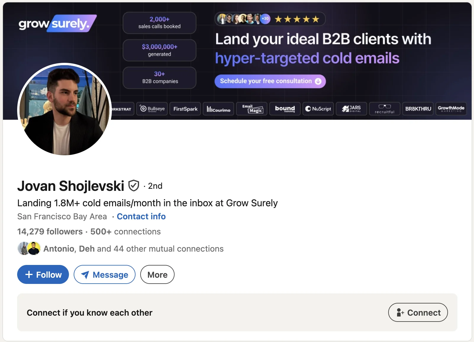 LinkedIn profile: Jovan Shojlevski, co-founder of Grow Surely and Clay Experts