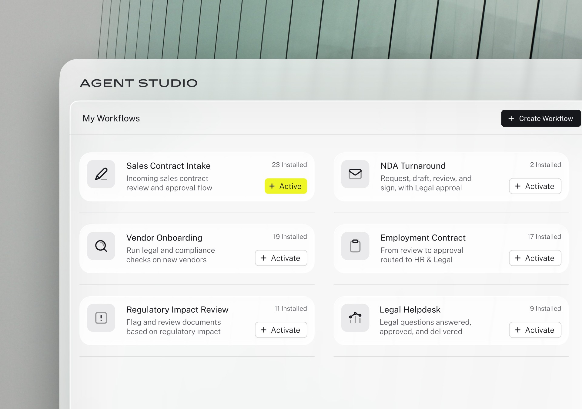 LEGALFLY Agent Studio dashboard showing active legal workflows including sales contract intake, NDA turnaround, vendor onboarding, regulatory impact review, employment contract intake, and legal helpdesk.