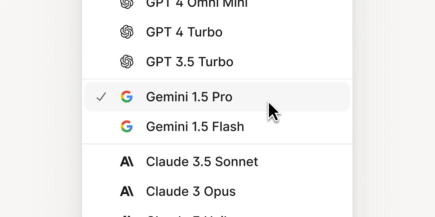 Selected Gemini 1.5 Pro with checked icon and mouse pointer.