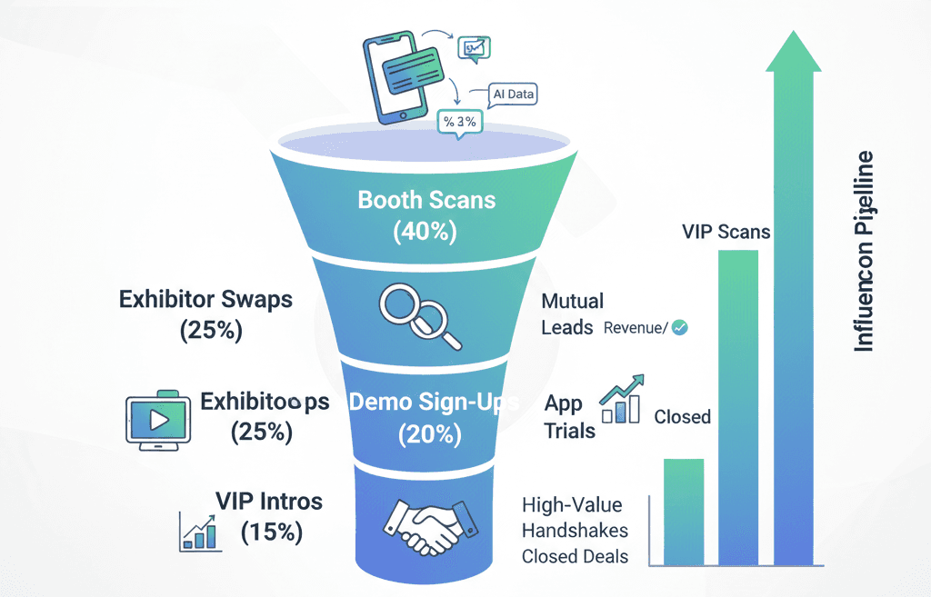 Infographic of trade show pipeline funnel for primary lead sources: booth scans (40%), exhibitor swaps (25%), demo sign-ups (20%), VIP meetings (15%) with icons, conversion metrics, revenue per lead, and Habsy branding in clean vector style.