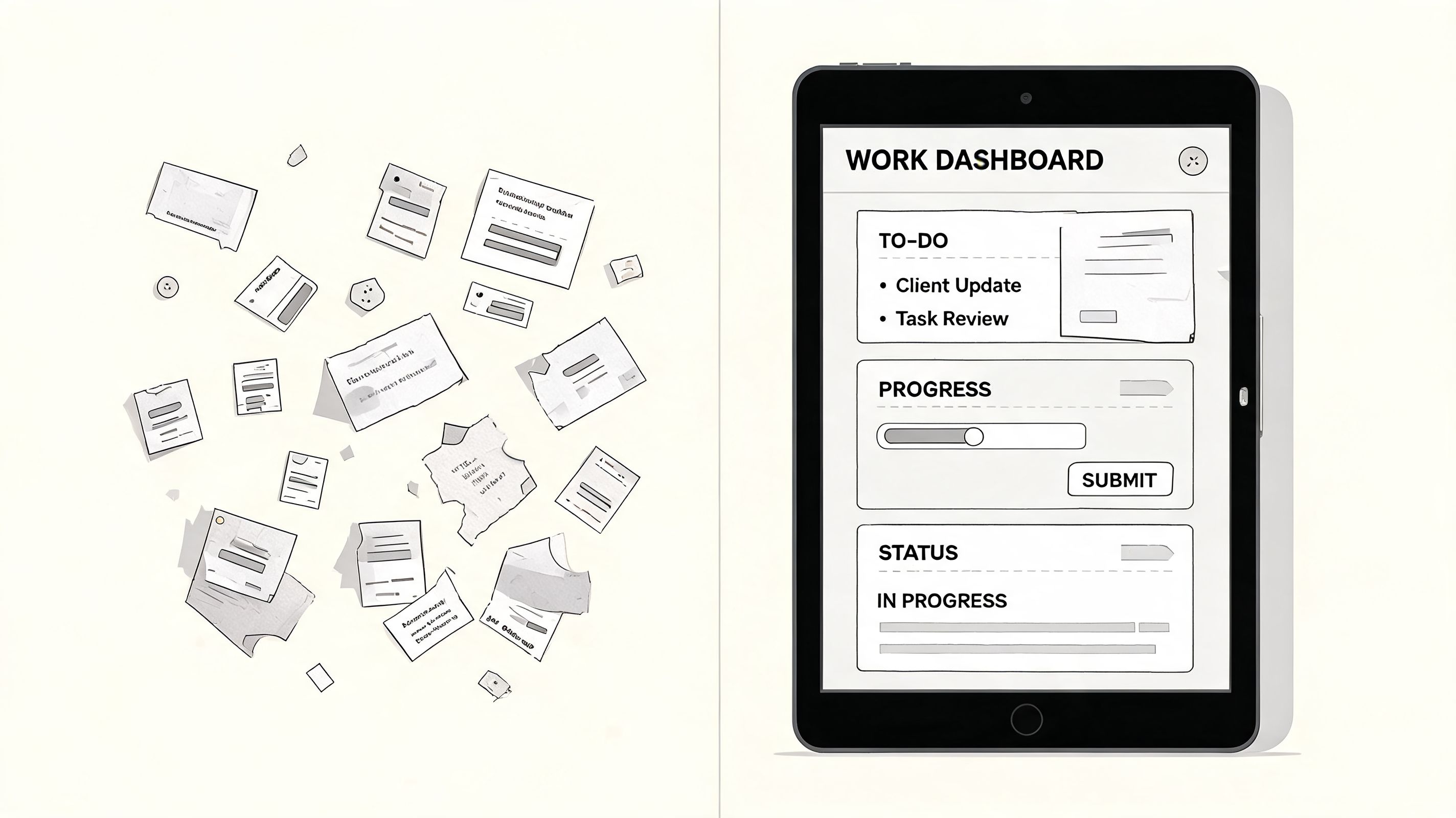 A tablet displaying a work dashboard with digital task management next to scattered physical paper documents.
