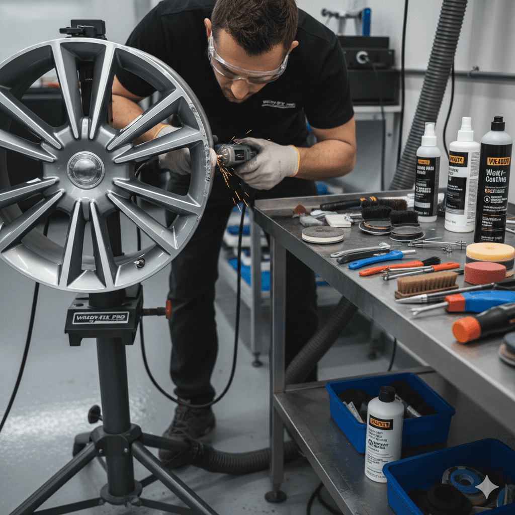 A close-up of a technician refurbishing a scratched alloy wheel in a clean workshop. Tools and materials are visible, emphasizing professional repair, precision, and high-quality restoration.