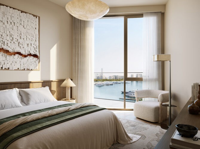 Elegant bedroom with marina views at Fior by Emaar. Expert real estate services for premium property buyers.