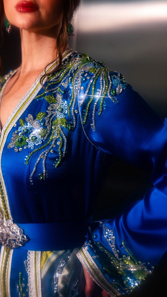 Royal blue Moroccan caftan with detailed hand embroidery, luxury handcrafted piece for high-end events in Bahrain