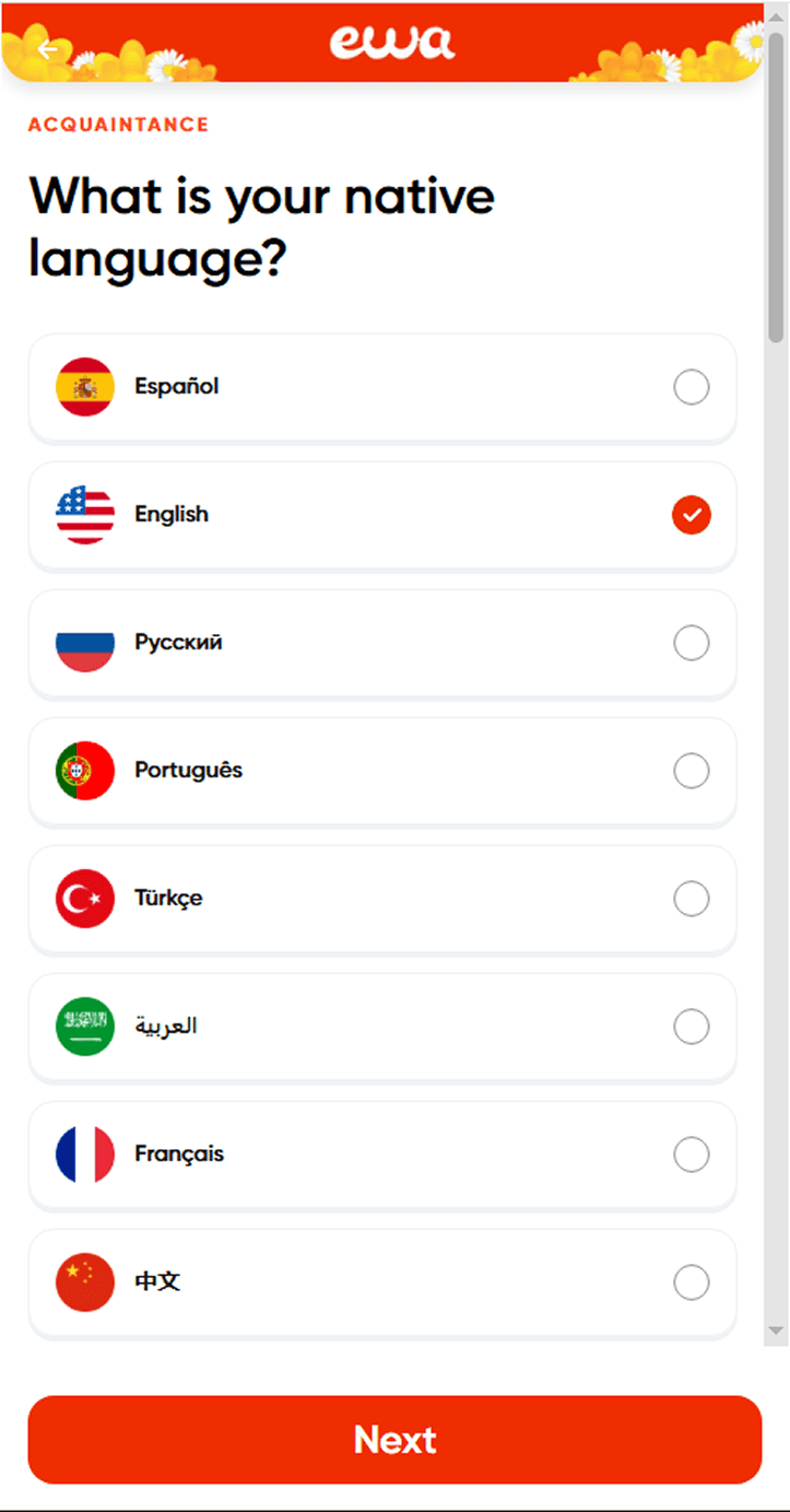 Ewa onboarding screen - what is your native language
