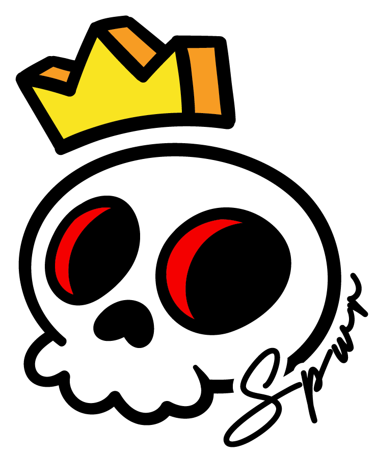 Skull King sticker with a yellow crown, red eyes and SPWR signature.