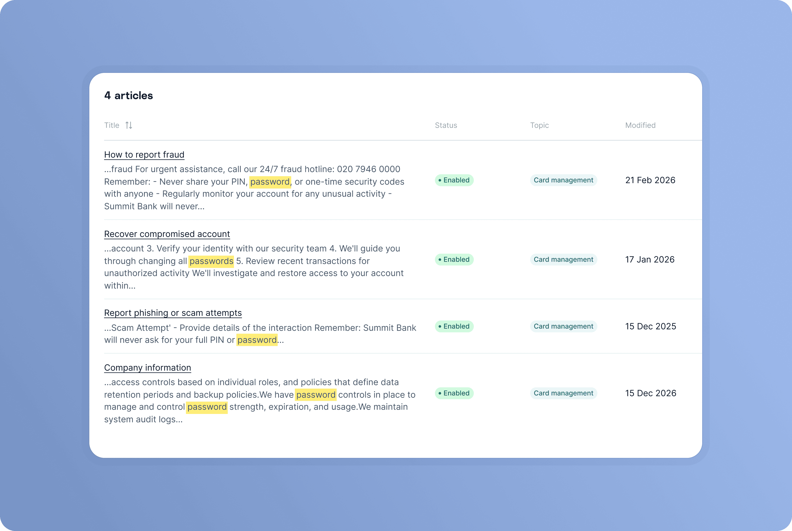 A list of knowledge base articles in Gradient Labs