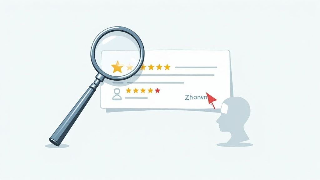 A magnifying glass hovering over a computer screen showing online reviews.