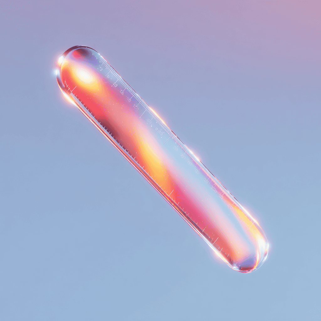 An abstract impage of a ruler. In a holographic hue and lighting. It looks like it is mid aid in front of a blue sky looking background, that turns purple towards the top in a gradient. The ruler has a shine to it as if light is reflecting straight on it, radiating differen wam colors. 