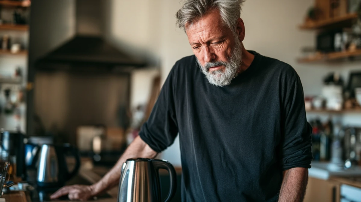 A man taking a few calm breaths at the kitchen counter while the kettle is on.
