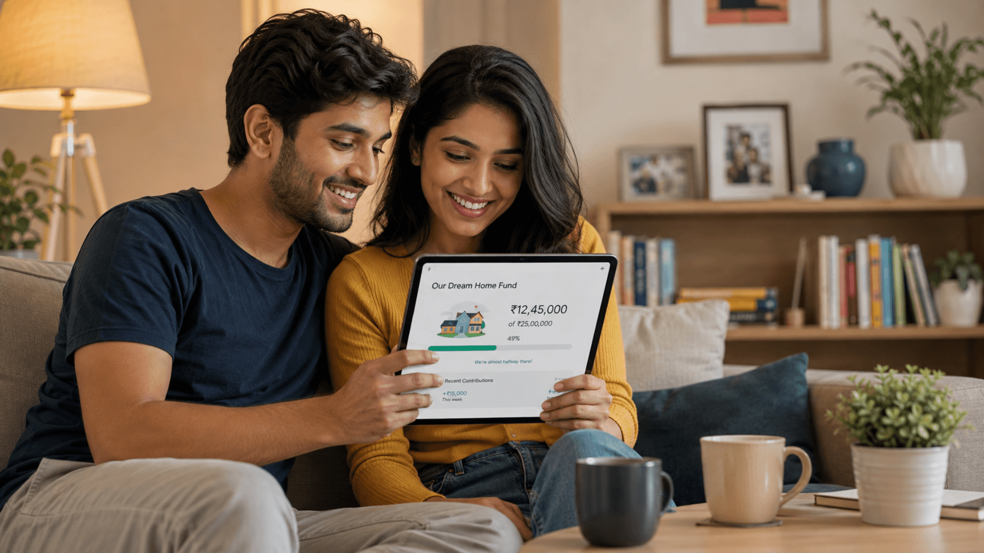 Couple reviewing their shared savings goal progress together.
