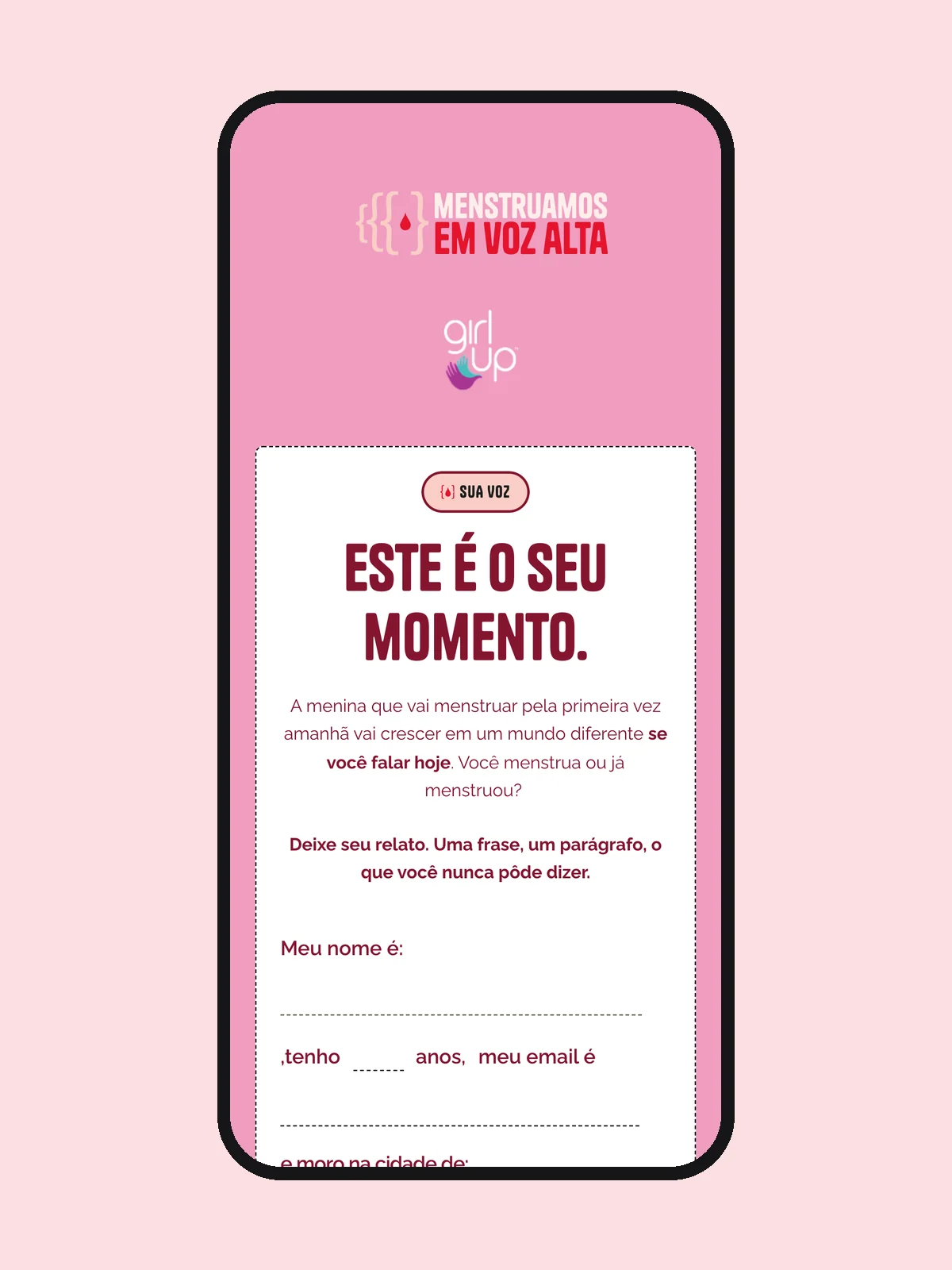 Formulário para enviar uma história no site Menstruamos em Voz Alta, no celular