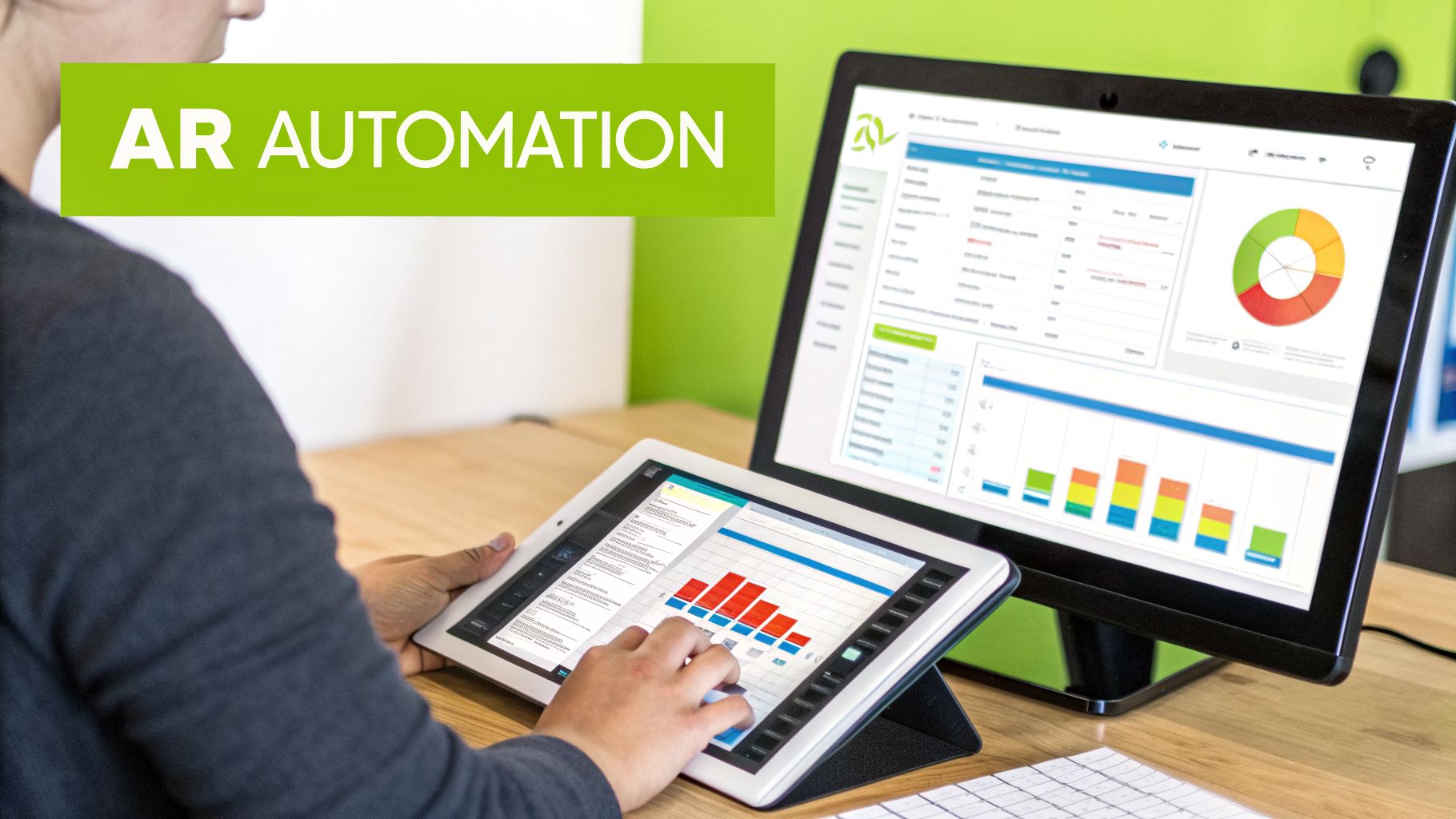 Person using a tablet and computer monitor displaying accounts receivable automation software dashboards and charts.