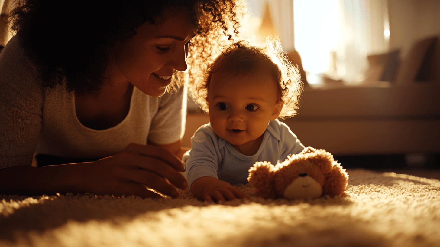 A joyful nanny and child laughing together on a colorful couch, showcasing the flexibility and connection part-time care provides.