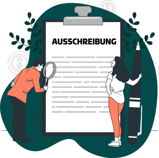 Illustration mit Zwei Personen die sich ein riesiges Klemmbrett mit einem Ausschreibungsdokument ansehen