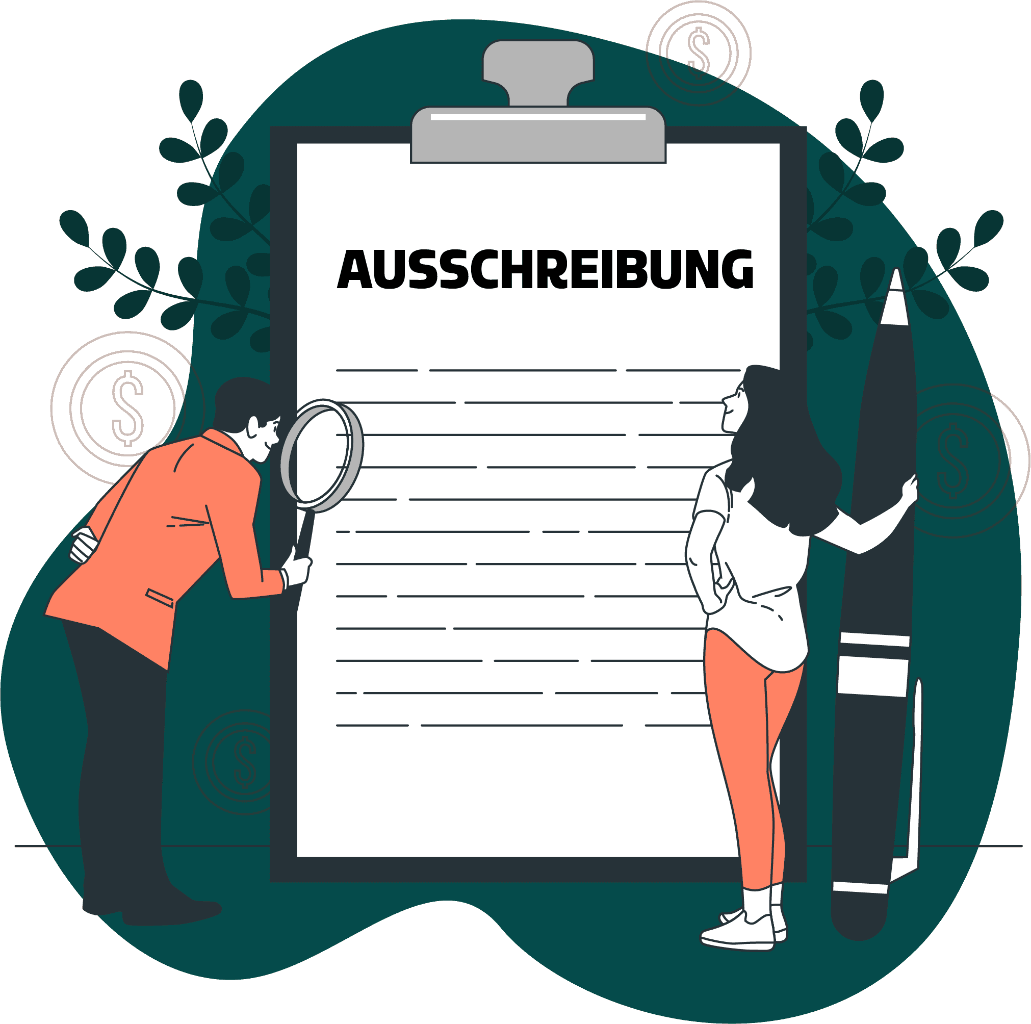 Illustration mit Zwei Personen die sich ein riesiges Klemmbrett mit einem Ausschreibungsdokument ansehen