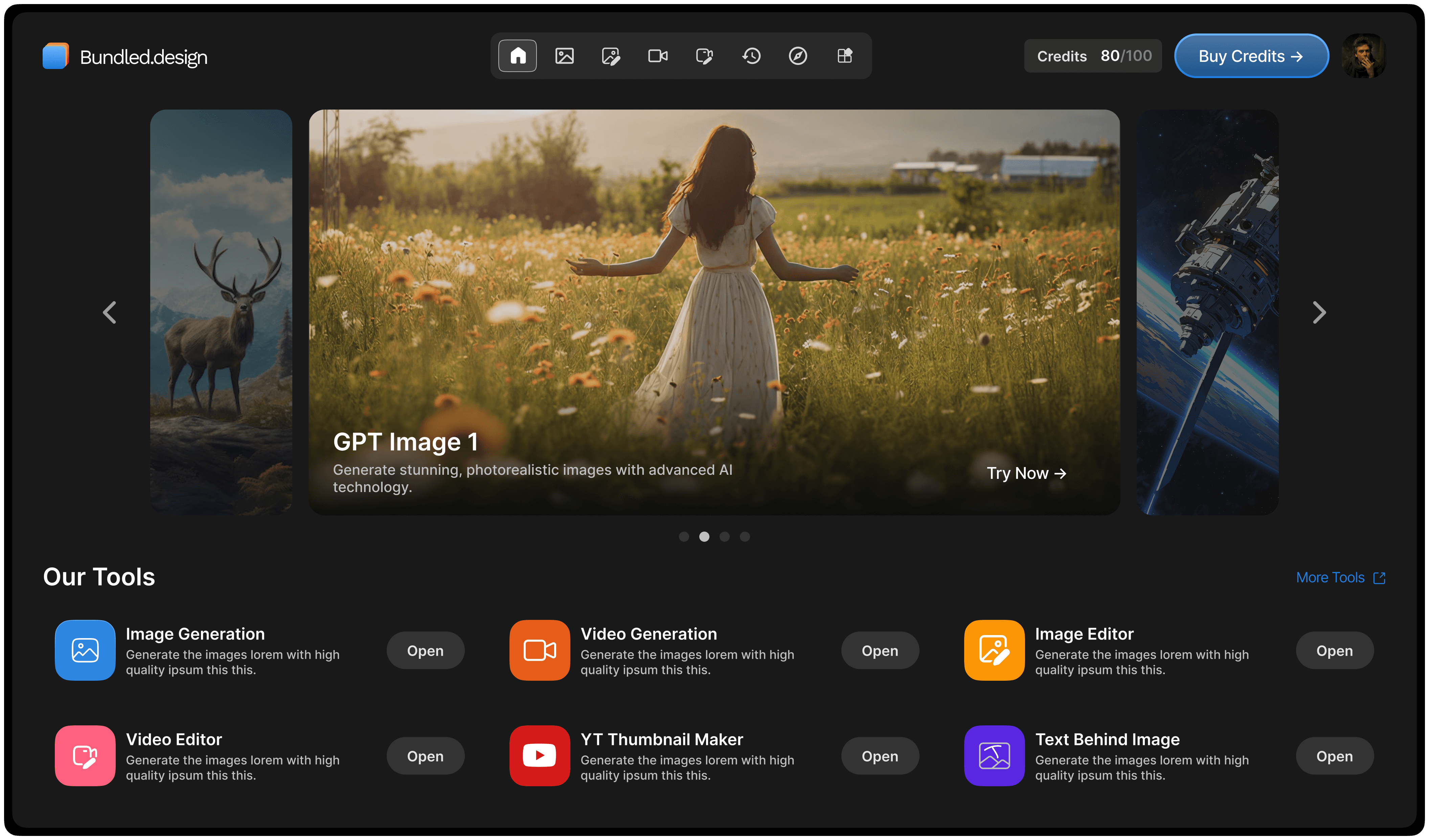 Main dashboard interface to start your project.