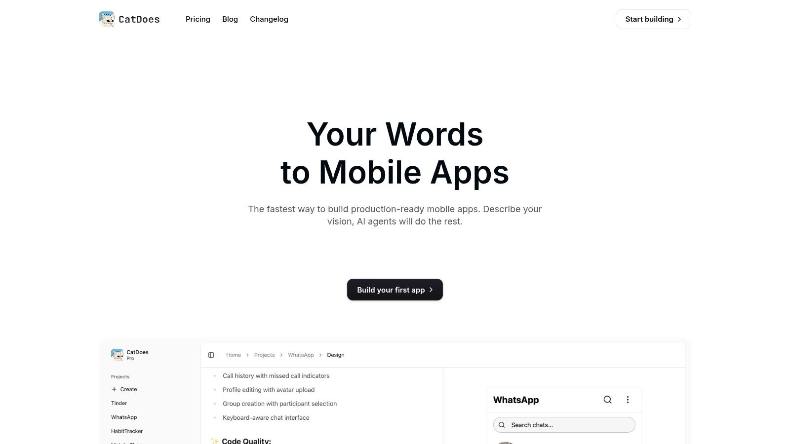 An AI-powered app builder platform showing its interface for creating React Native templates and applications.